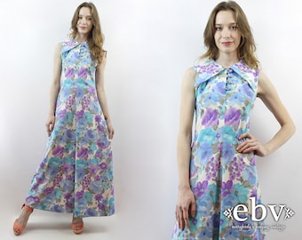 Watercolors Maxi Dress Floral Maxi Dress 1970s Dress 70s Dress Hippie Dress Hippy Dress 70s Maxi Dress Blue Floral Dress S