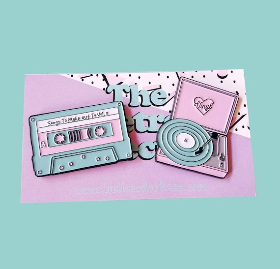 Retro Vinyl Record Player and Cassette Tape Enamel Pins Pack (2 set)