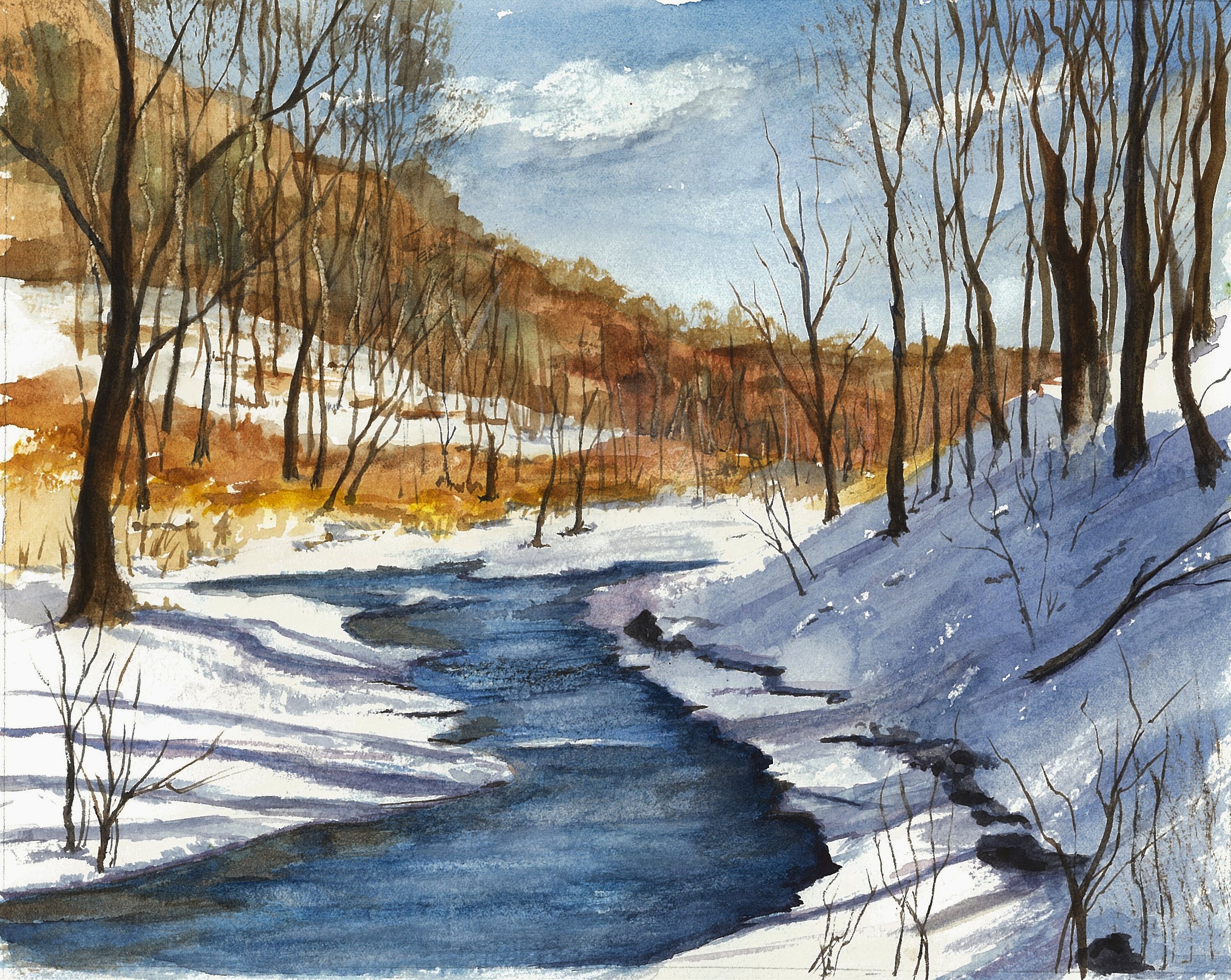 Print of Original Watercolor Painting Winter Landscape Snow