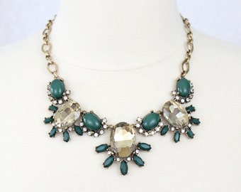 Green Statement Necklace Crystal Bib Necklace Rhinestone Flower Necklace
