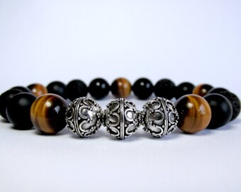 Mens Bracelet, Beaded Bracelet, Bracelet for Men, Mens Silver Bracelet, Mens Beaded Bracelet, Onyx Bracelet, Tiger Eye Bracelet