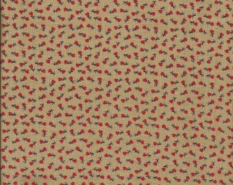 Vintage Calico Print Fabric (Taupe with Red Flowers) 1 yard
