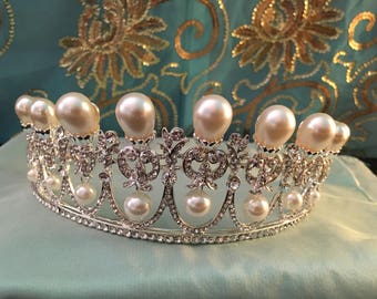 FINAL STOCK, Silver Pearl TIARA, reproduction Lover's Knot, faux pearl tiara, New, lovely glowing teardrop pearl tiara