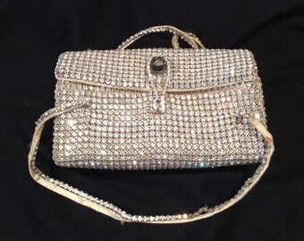 Vintage Delill Clutch Evening Bag, Crystals, White, 1950-60s