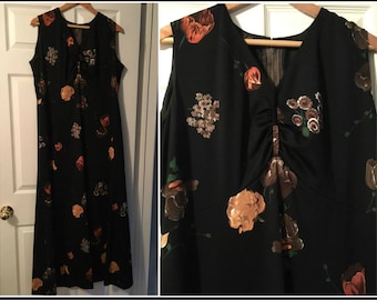 Vintage 1970s Collura Black Floral Maxi Dress Size 12