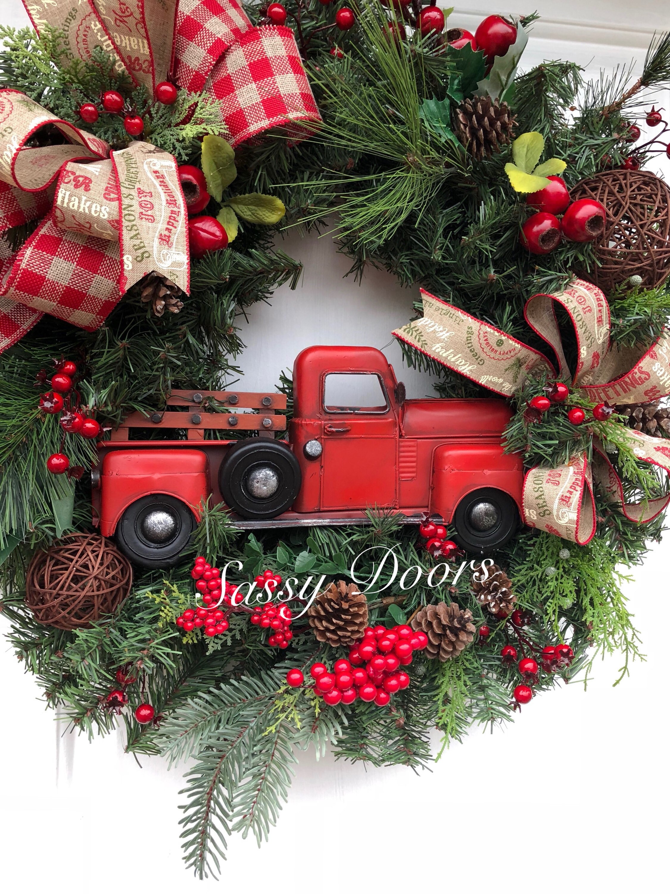 Red Truck Wreath, Christmas Wreath, Rustic Christmas Wreath, Red Truck Christmas Wreath
