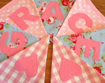 Personalised Bunting Girls Name Banner Pink Blue Floral Gingham Spots - Priced per flag