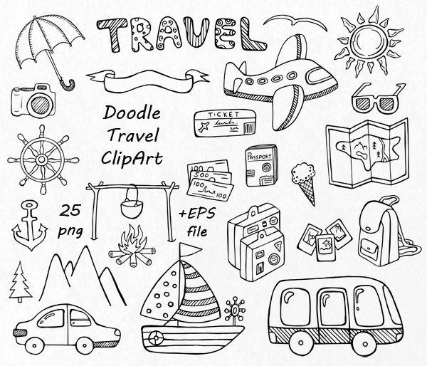 Doodle Travel Clipart Hand Drawn Summer Digital Clip Doodle Travel Clipart Hand Drawn Summer Digital Clip