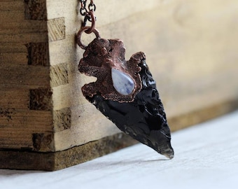 Arrowhead Necklace - Rainbow Moonstone Pendant - Black Obsidian Jewelry