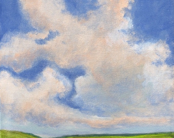 Original Landscape Painting on Canvas 8x8 Clouds Green Valley Hills Sky