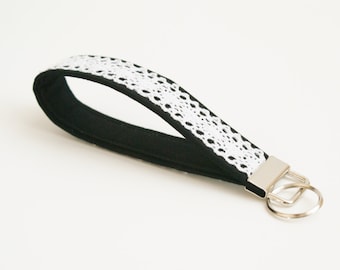 Black and White Lace Key Fob - 5 Inch Loop - Key Ring Strap - Key Wristlet - Key Leash - Black Key Chain - Fabric Keychain - White Lace Fob