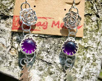 Sterling Silver and Amethyst Rose and Bolt Earrings, Grateful Dead Jewelry