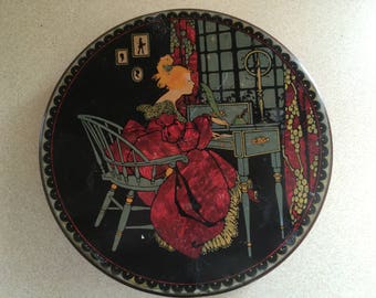 Vintage Round Tin Container - Lady At Desk In Period Clothes Sunlite Tindeco Pat. NO 1592557