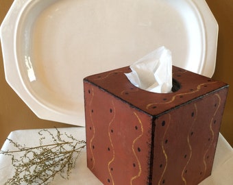 Redware stenciled tissue box, paper mache, farmhouse decor, primitive folk art, bathroom, bedroom, living room decor