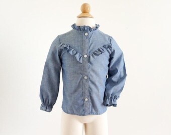 SALE Vintage 1970s Girls Size 3-4 Top, Ruffled Chambray Blouse, b24" L15"