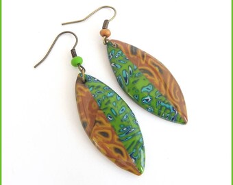 Polymer clay green ochre resin fancy dangling earrings