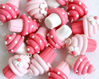 Pink Polymer Clay Cupcake Charms, Set of 6 Charms
