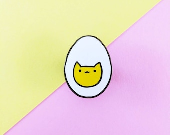 Hardy the Hard Boiled Egg Cat Enamel Pin - Cute Cats and Food