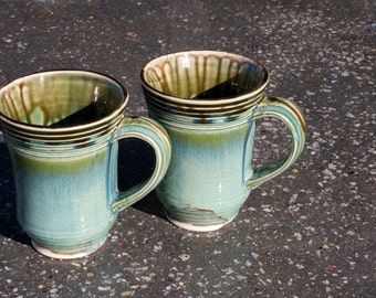 16 oz. mug, Ocean Green Drip, Etched Stripes, Green with brown, extra large, Stoneware, Hand Painted, Ready To Ship