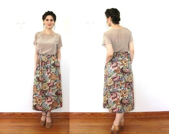Tapestry Skirt / 1980s High Waisted Floral Tapestry Print Carpet Midi Skirt