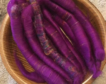 Rolags for hand spinning, Merino/Sari silk purple 50 g