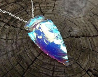 Opalite Angel Aura Arrowhead Necklace Wire Wrapped Sterling Silver Chain Boho Free Shipping OOAK Jewelry