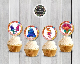Trolls cupcake toppers, printable, jpg, 300dpi, instant download, poppy, princess, birthday, party, tags