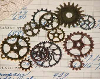 1 Dozen Assorted Steampunk Gears - Gold, Silver, Copper, Bronze