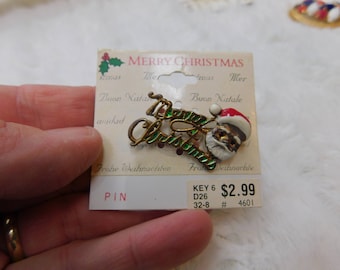 Vintage New Old Stock 1980's 90's Santa Claus Face with Merry Christmas Pin - Holiday Brooch