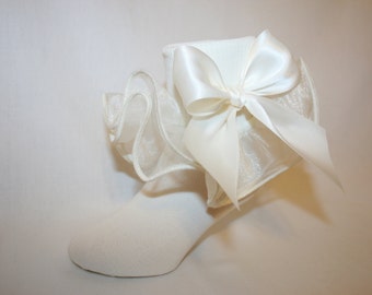 Girls Soft Ivory Nylon Socks with Ivory Organza Ruffle and Satin Bows Linnea by Socks For A Princess