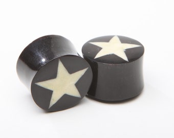 Horn Plugs with Bone Star Inlay - ON SALE 8g, 6g, 4g, 2g, 0g, 00g, 7/16", 1/2", 9/16", 5/8", 3/4", 7/8,