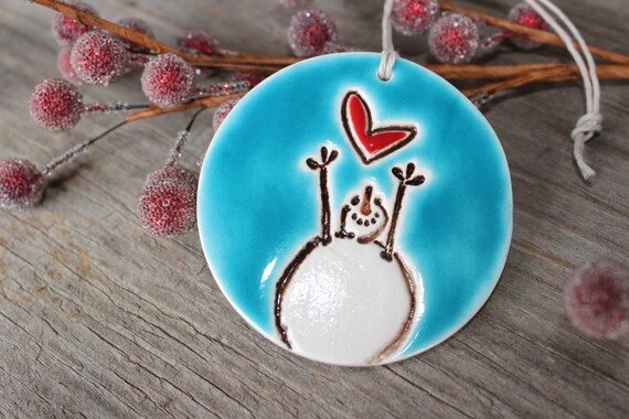 Handmade Snowman with Heart Ceramic  Christmas  Ornament