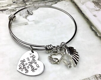 A piece of my heart is in heaven expandable bangle charm bracelet, customized, memorial jewelry, loss of loved one, sympathy gift