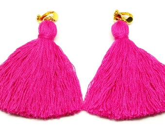 Hot Pink Tassel Earrings Hot Pink Earrings Pink Clip Tassel Earrings Magenta Clip on Earrings Handmade Earrings Long Tassel Earrings