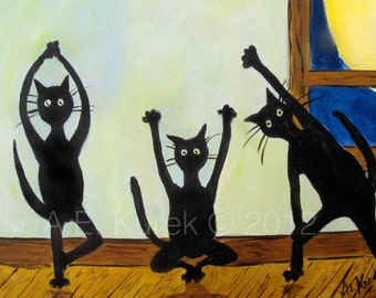Cat Art - Yoga Art - Yoga Cats in Green - Cats doing yoga - 5x7 Print - Yoga Gift Idea - Gift for Cat Lover