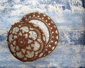 Table Decoration, Crocheted Lace Stone, Handmade, Golden Brown Cotton Thread, Tiny Stitches, Unique Gift, Home Office or Cottage Decor