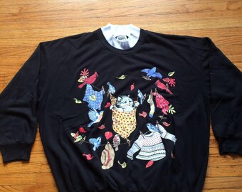 Vintage Oversize Kitten Hanging from Clothes Line in Pouch with Birds Sweatshirt