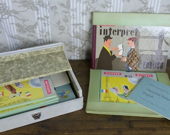 Vintage French Visaphone English Language Books & Records - Complete Visaphone Interpret English - French 1950s Language Course - Box Set
