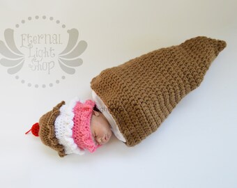 Newborn-12 Months 3 Scoops Ice Cream Cone Crochet Cocoon & Hat Set