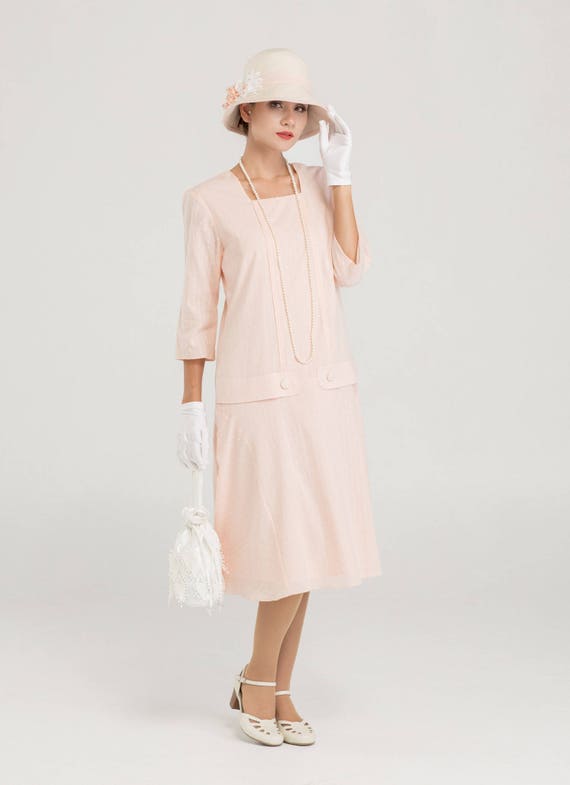 Downton Abbey Inspired Dresses Pale peach Jazz Age Lawn party cotton dress with square neck and 3/4 sleeves 1920s tea dress Downton Abbey dress Great Gatsby day dress $140.00 AT vintagedancer.com