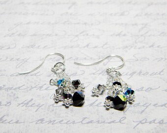 Black Swarovski Crystal Dangle Earrings, Black Diamond, Crystal Silver Night, Jet 2X AB, Sterling Silver - "Dark Matter" by Whimsy Beading
