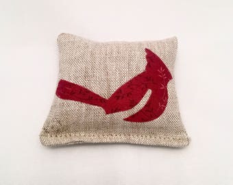 Small Red Cardinal Lavender Sachet - Small Lavender Pillow- Small Cardinal Sachet in Linen with Maine Balsam Fir