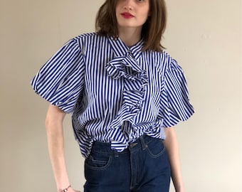 ralph lauren puff sleeve blouse / ruffle blouse / 90s blouse / ruffle top / blue & white striped blouse | s m l