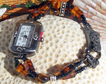 Gunmetal Watch, Tiger Eye and Glass Beads Jewelry W039