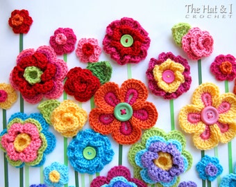 CROCHET PATTERN - Floral Fantasy - 5 colorful crochet flower patterns, 2 crochet leaf patterns, flower applique - Instant PDF Download