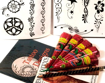 Extra Large Henna / Mehndi Tattoo Kit - 5 Organic Henna Cones - Design Booklet - Stencil Kit