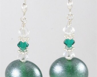 Lampwork & Swarovski Crystal Earrings - Green and Silver - SRAJD