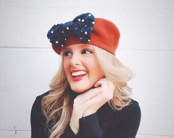 Wool Beret Vintage 80's Giant Polkadot Bow