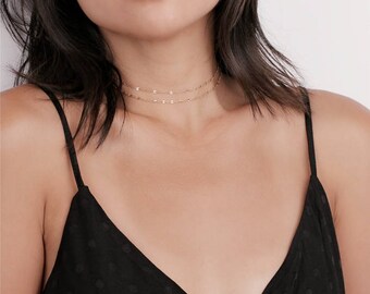 Delicate Double Chain Gold or Silver Choker Necklace - delicate Chain Choker - Shimmer Chain Choker