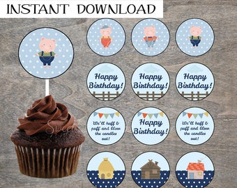 Three Little Pigs Cupcake Toppers | Birthday Farm Storybook 3 Big Bad Wolf Printable Party Table Cake Decor